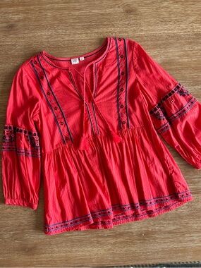 GAP Coral-Red Embroidered Tie-Front Peasant Tunic